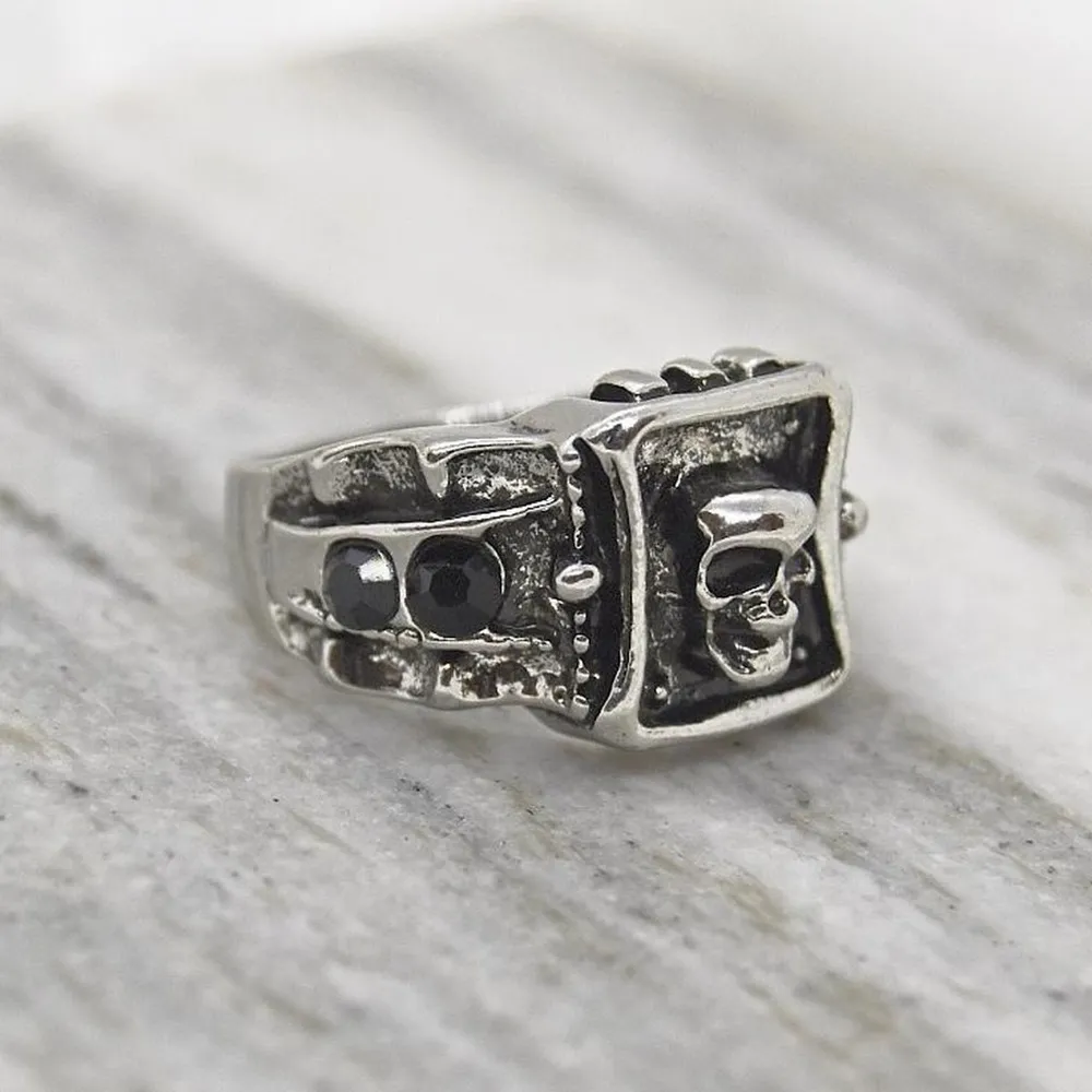 Square Shaped Ring with Skull Design Silver - Image 5