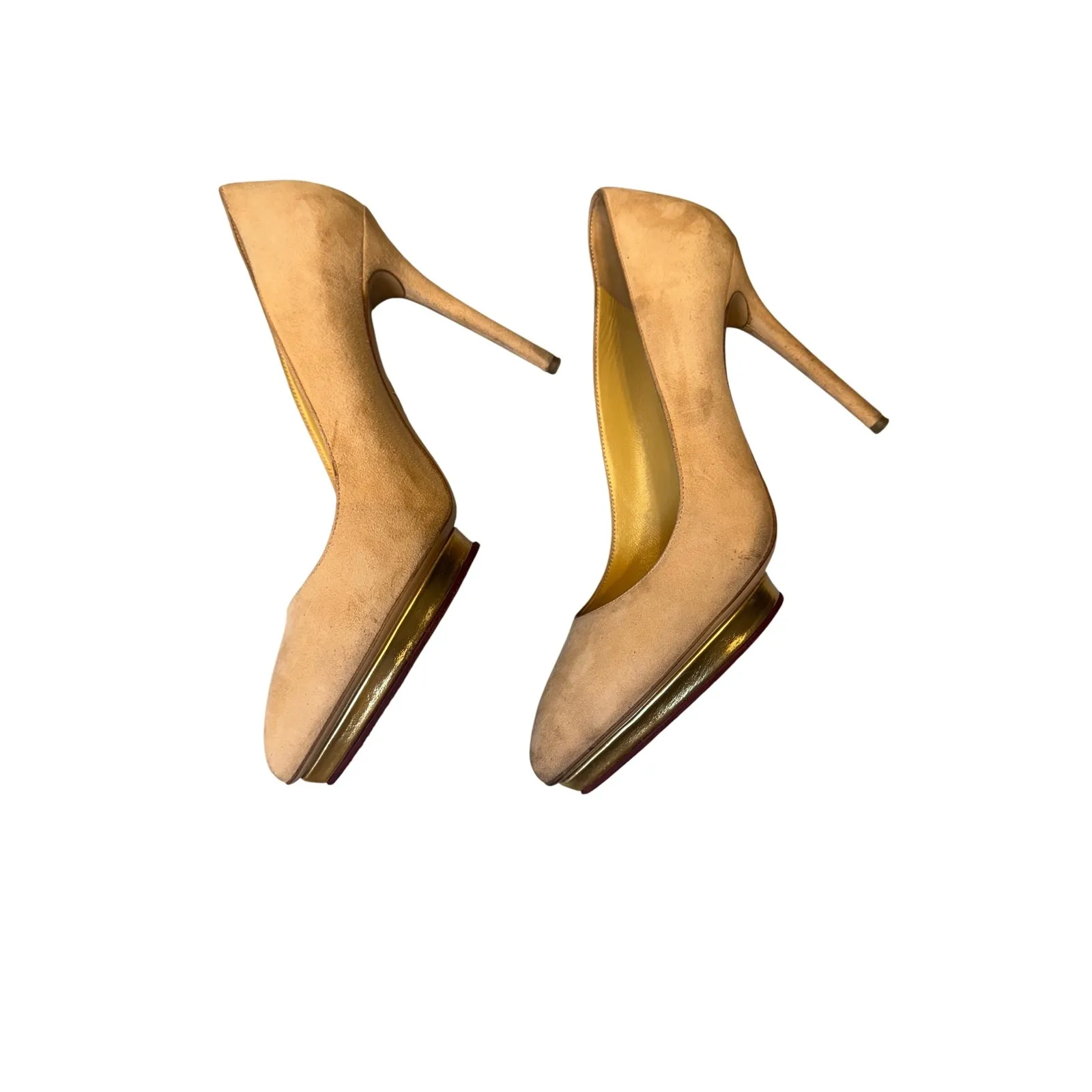 Charlotte Olympia Suede Platform Pumps Heel Shoes Beige Gold Italy 39.5 - Image 3