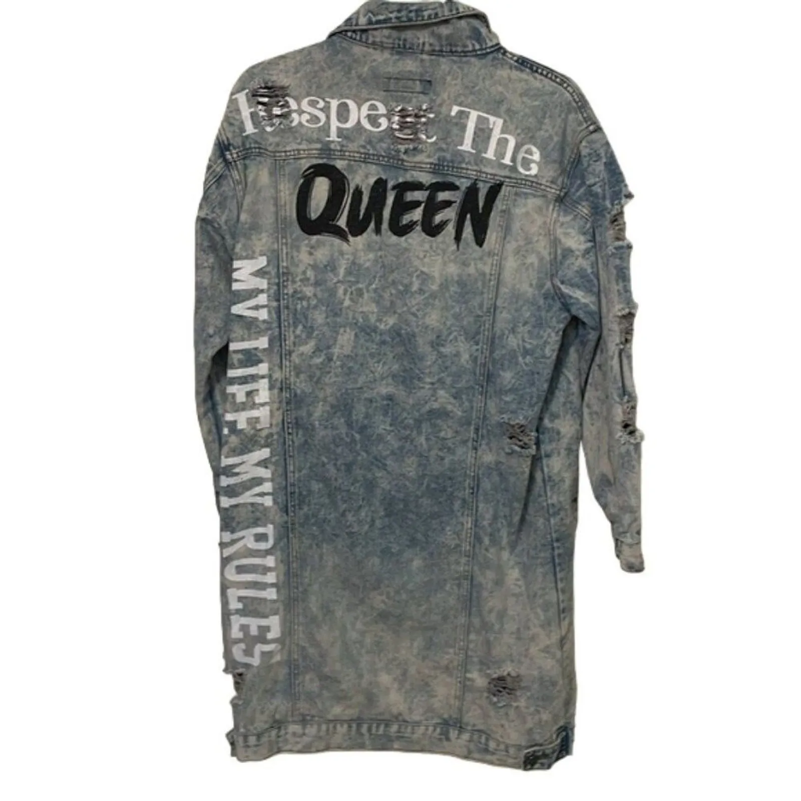 Thrill Acid Wash Long Duster Jean Jacket Womens Medium Graphic Print Distressed Blue - Image 8