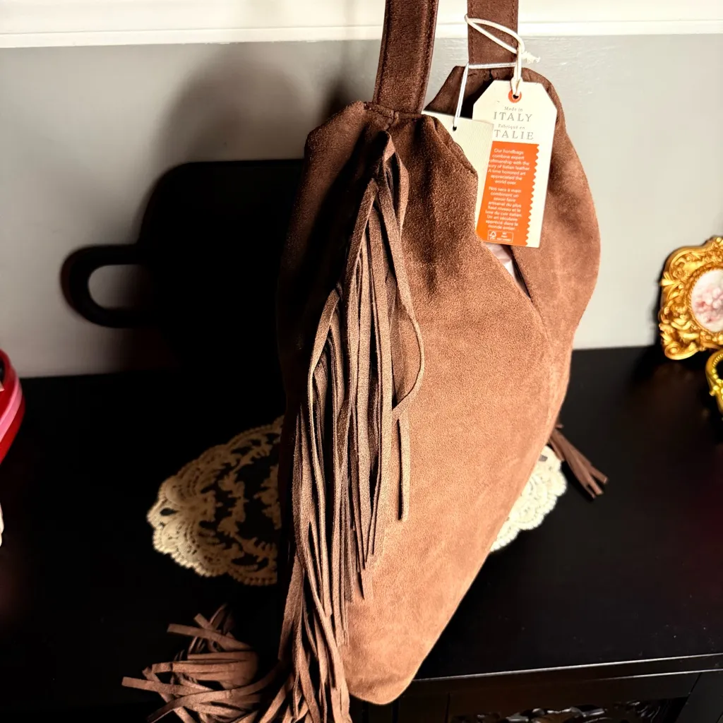 Divina Firenze Suede Fringe Hobo Bag Brown Made in Italy NWT - Image 5