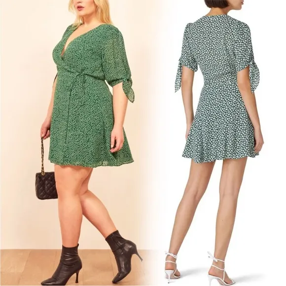 Reformation Venezuela Sammy Crepe Wrap Mini Dress Green White Floral Print Large - Image 2