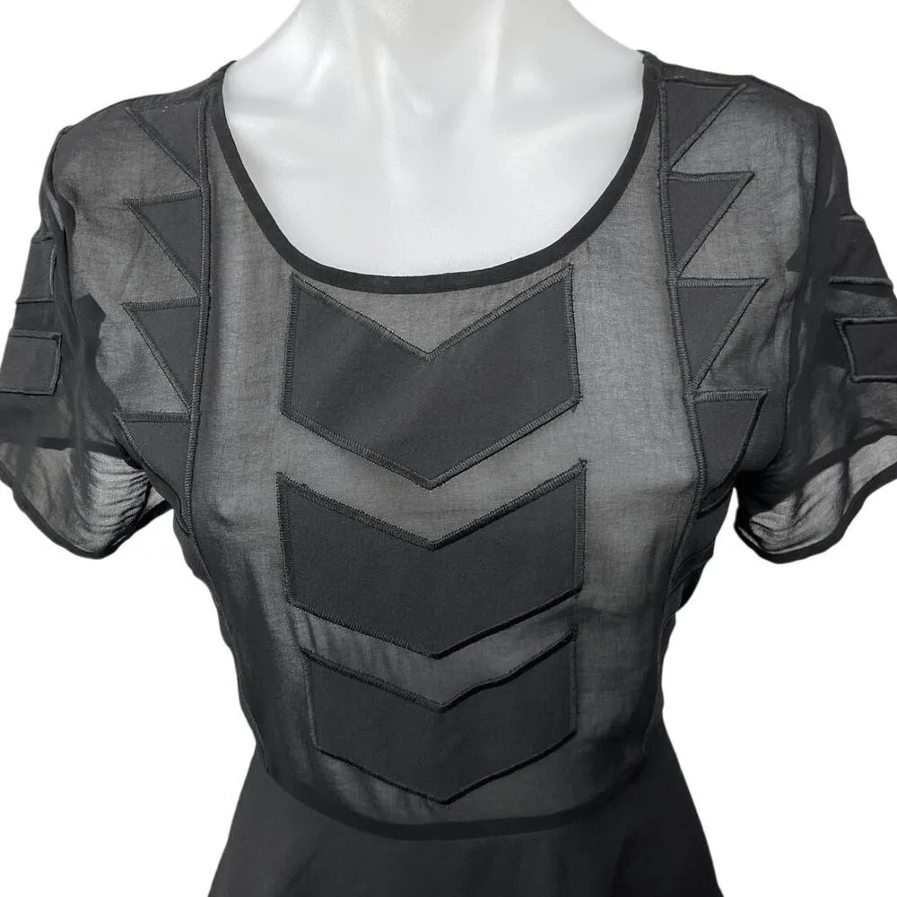 MinkPink Black Zephyr Chevron Embroidered Short Sleeve Sheer A-Line Mini Dress S - Image 4