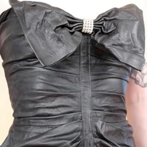 Vintage Climax David Howard Black Leather Big Bow Front Ruched Dress medium - Image 8
