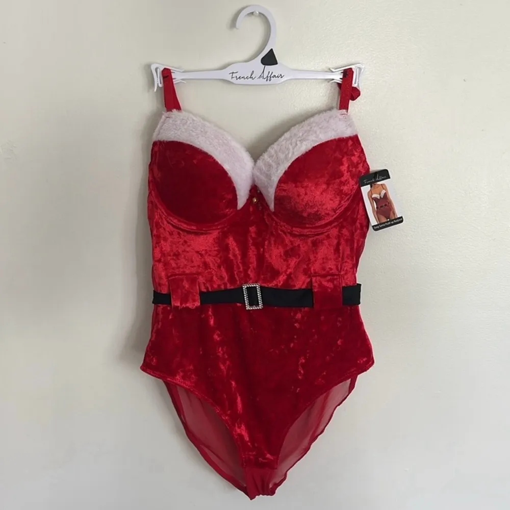 French Affair Santa Christmas Cosplay Red Velvet Mesh Push-Up Lingerie Bodysuit - Image 2