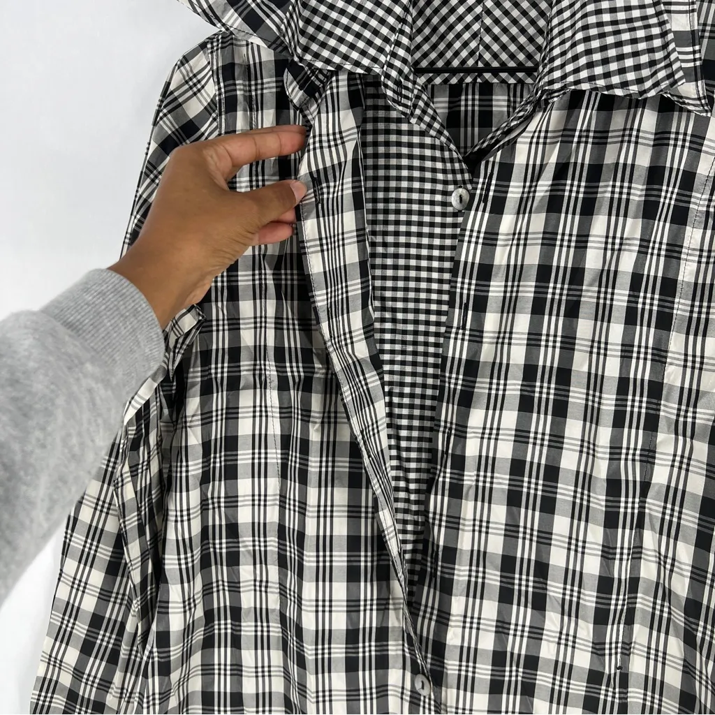 A'Nue Ligne Black White Silk Gingham Layered Double Collared Shirt Size M Black Size M - Image 3