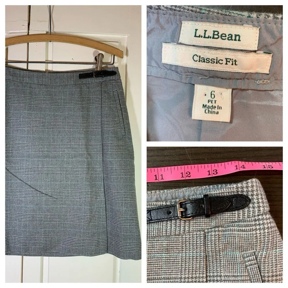 LL Bean Academia Mini‎ Skirt 6P Petite Faux Wrap Kilt Plaid Classic Fit Preppy Gray - Image 2