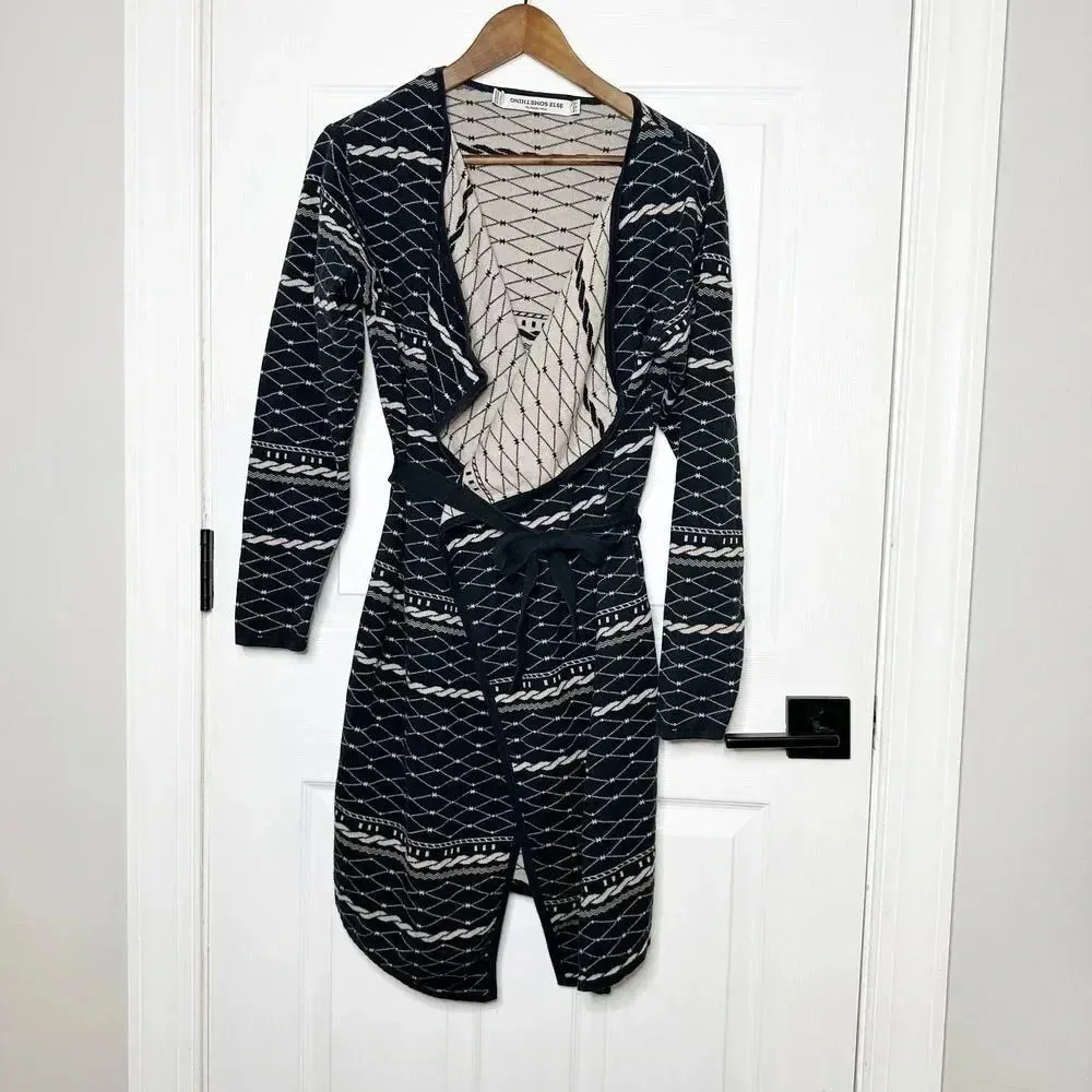 SOMETHING ELSE Black Cream Rope Print Open Front Belted Coatigan Size‎ US 2 - Image 2