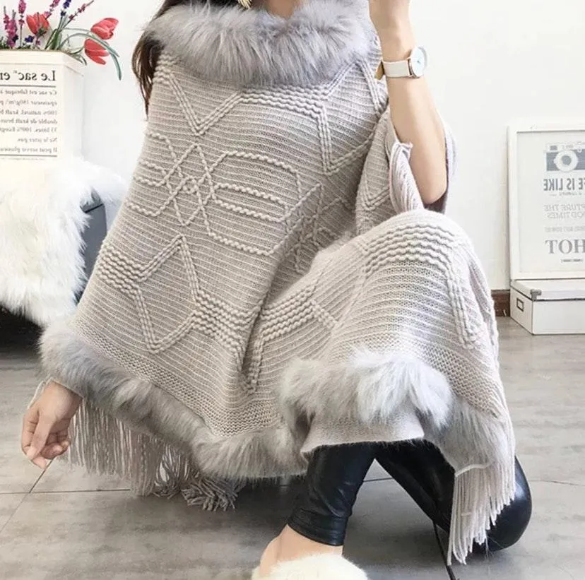 Faux Fur Bat Sleeve Poncho (Khaki) Only Tan - Image 4