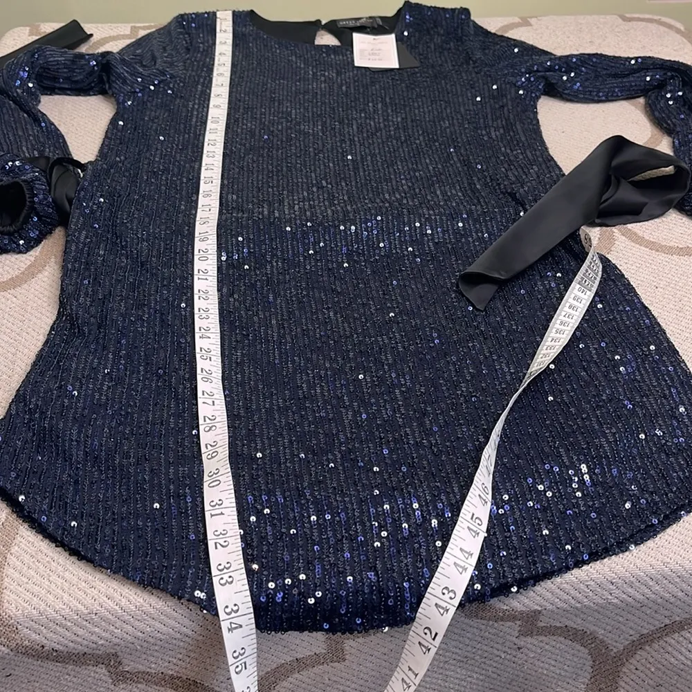 Dress Forum Navy Sequin Balloon Sleeve Contrasting satin Belt,keyhole Back Dress - Image 11