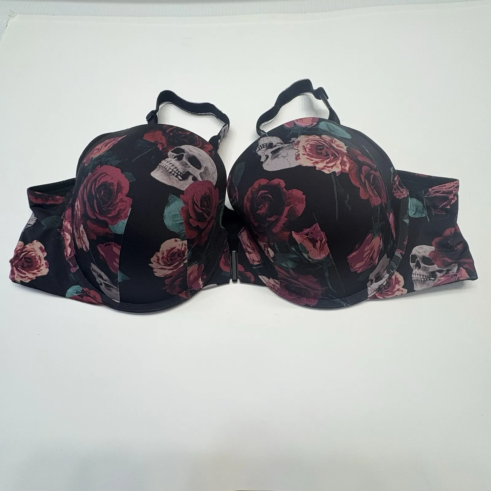 Torrid Perfect T-Shirt Push Up Front Close Bra Size 44B Black Roses Skulls NEW‎ - Image 6