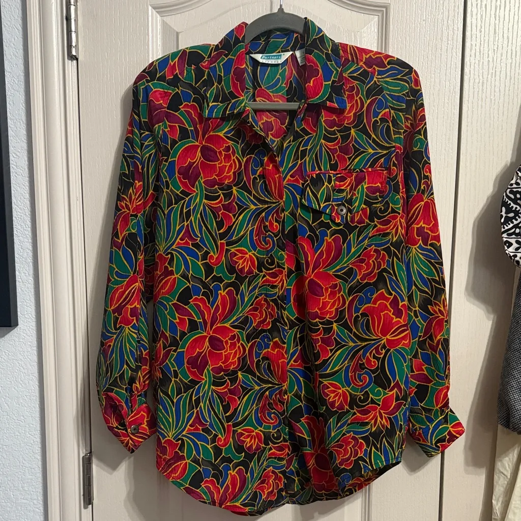 💖 Vintage 90s Partners by Mervyns Floral Maximalist Long Sleeve Button Up Shirt Red - Image 2
