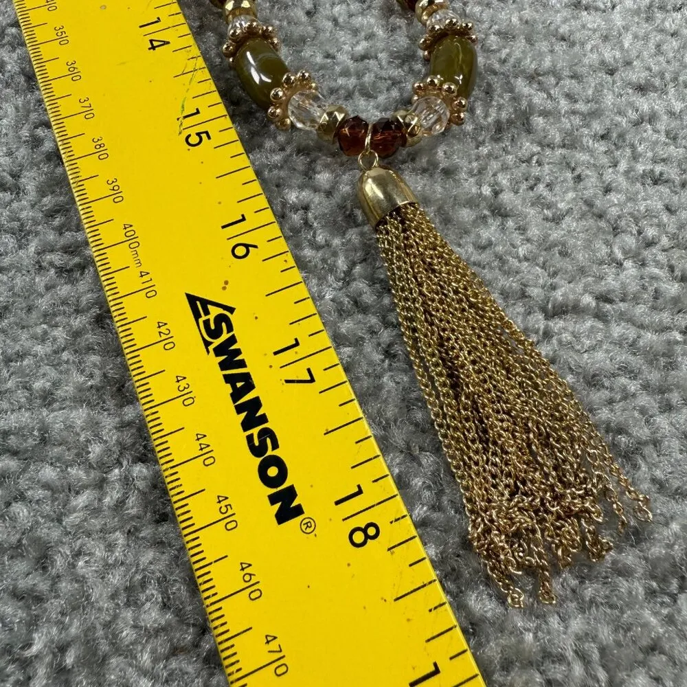 Gold Tone Chain Necklace Dark & Clear Beads Gold Tassel Pendant Long Length - Image 12