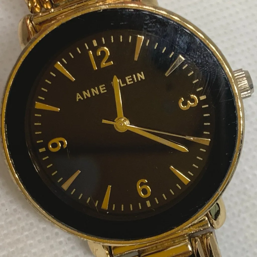Anne Klein women’s watch gold tone 32mm black dial links band 7.5” running - Image 3