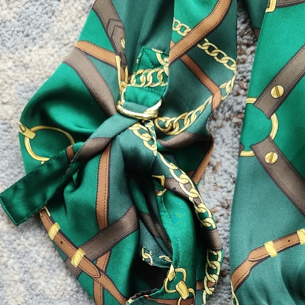 Michael Kors Ruched Chain Print Top Green Gold P - Image 8