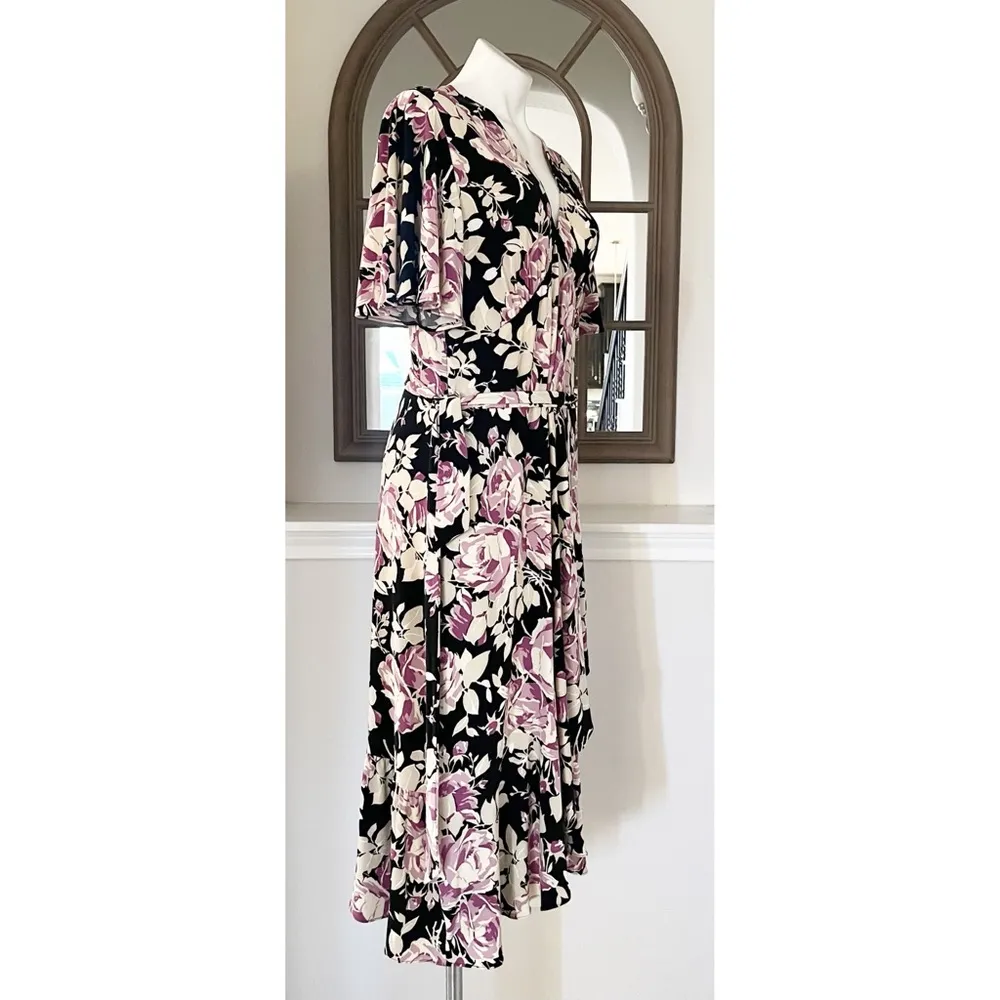 NEW Lauren Ralph Lauren Floral Belted Jersey Dress Size 16 EXCELLENT Retail $338 Black - Image 5