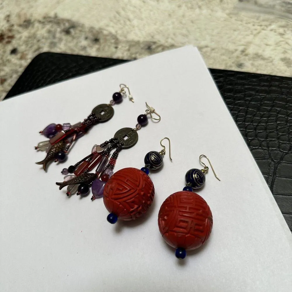 Lot Of 2 Oriental Metal / Bead Mix Pierced Earrings Dangle Drop Beaded - Image 7