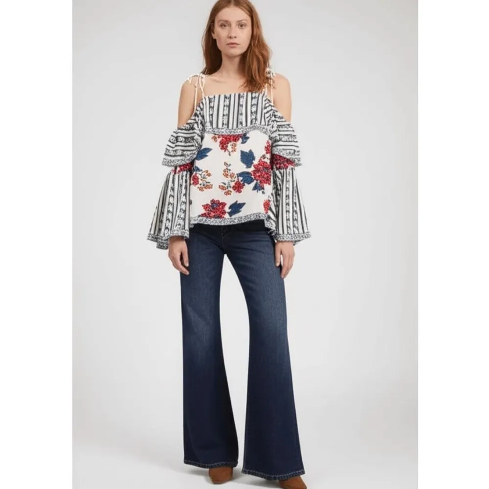 Anthropologie BELL Sleeve Cold Shoulder blouse Top LARGE Multicolor Floral Boho - Image 2