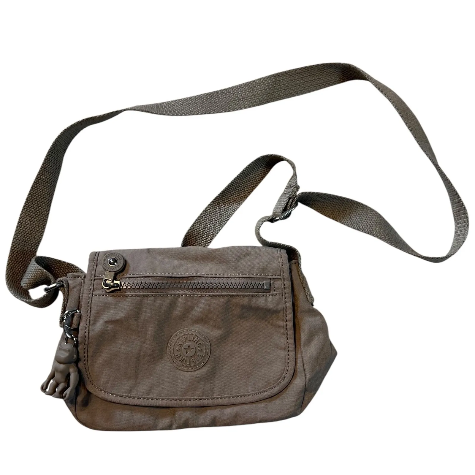 Kipling Greyish Beige Nylon Crossbody Shoulder Bag Monkey Keychain Lightweight - Image 5