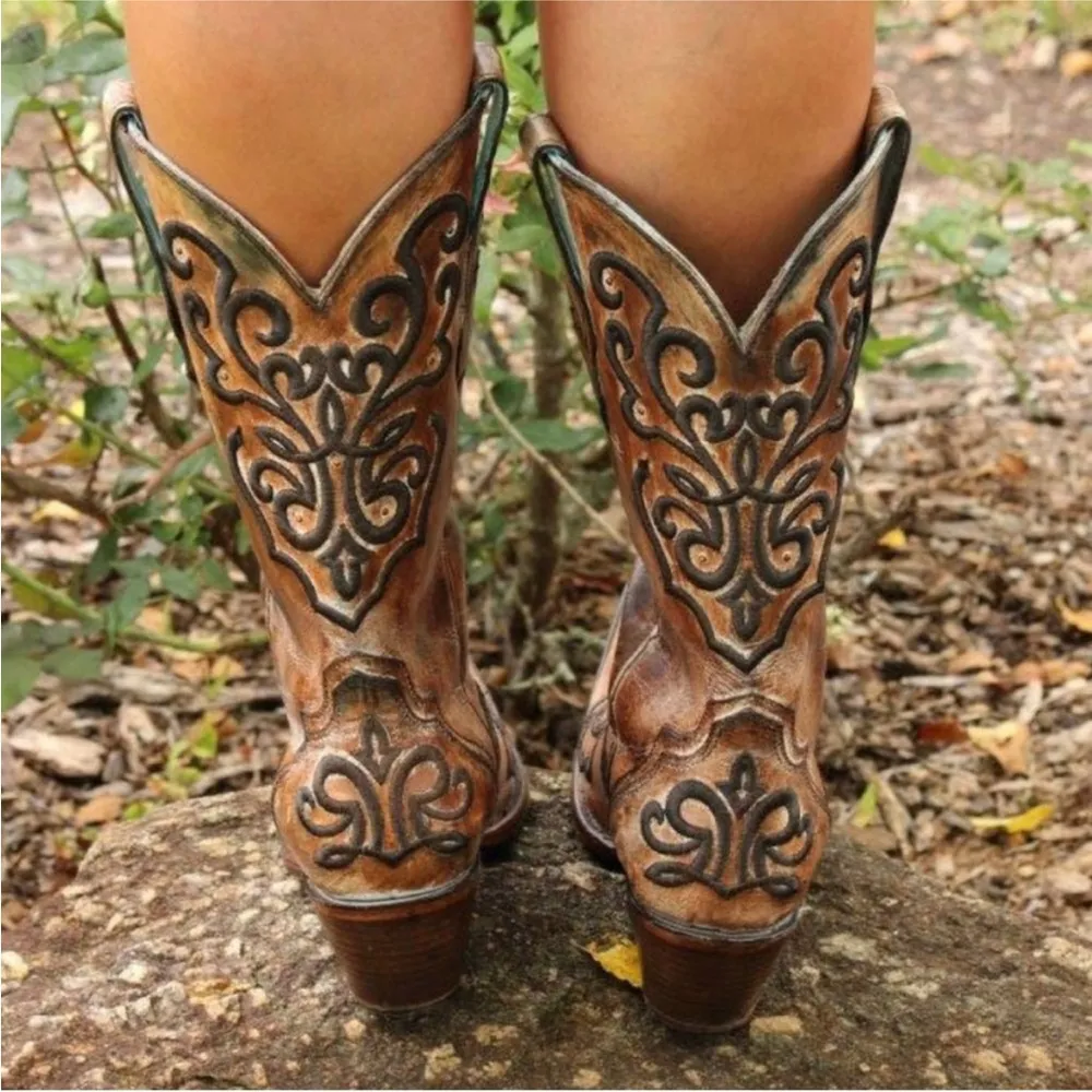 Distressed Brown Embroidered Cowboy Boots - Image 4