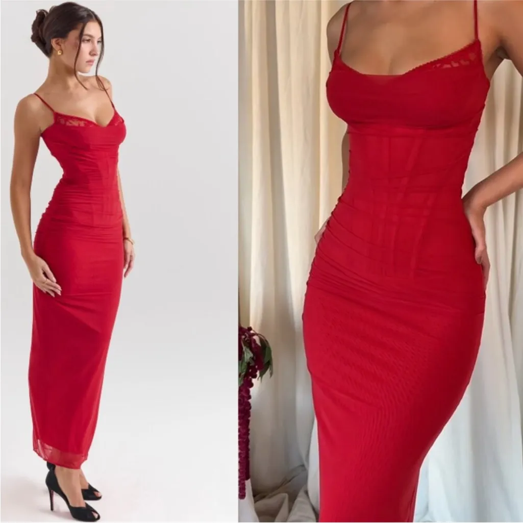 HOUSE OF CB XS‎ A-C 'Nalini' Holly Red Mesh Corset Maxi Dress NWOT - Image 15