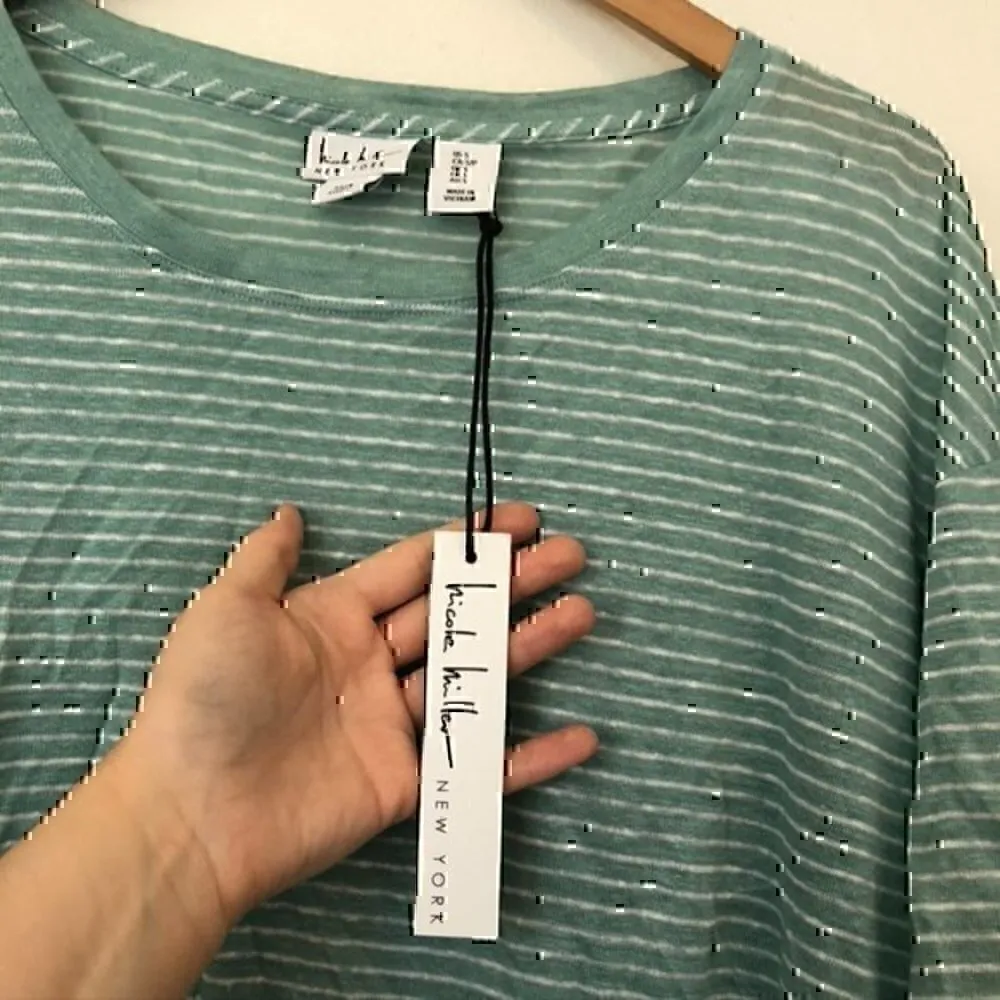 NEW NWT NICOLE MILLER Aqua Green White Stripe 100% Linen Boxy Short Sleeve Top S - Image 5