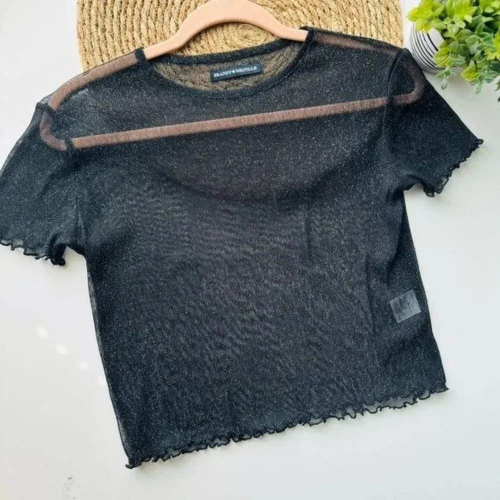 BRANDY MELVILLE Black Porter‎ Sheer Glitter Top - Image 3