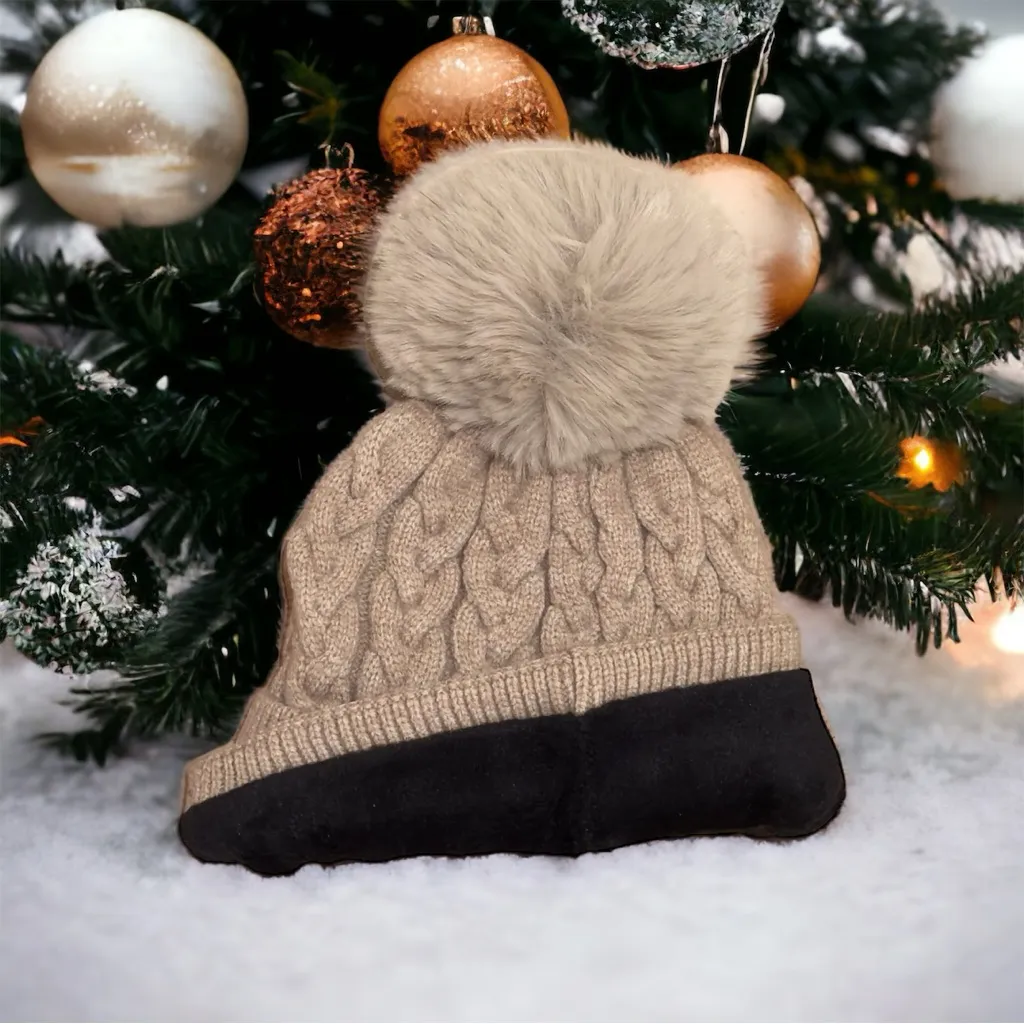Women’s Ribbed Knit Pom Pom Beanie Brown Fall Winter Hats Cozy - Image 3