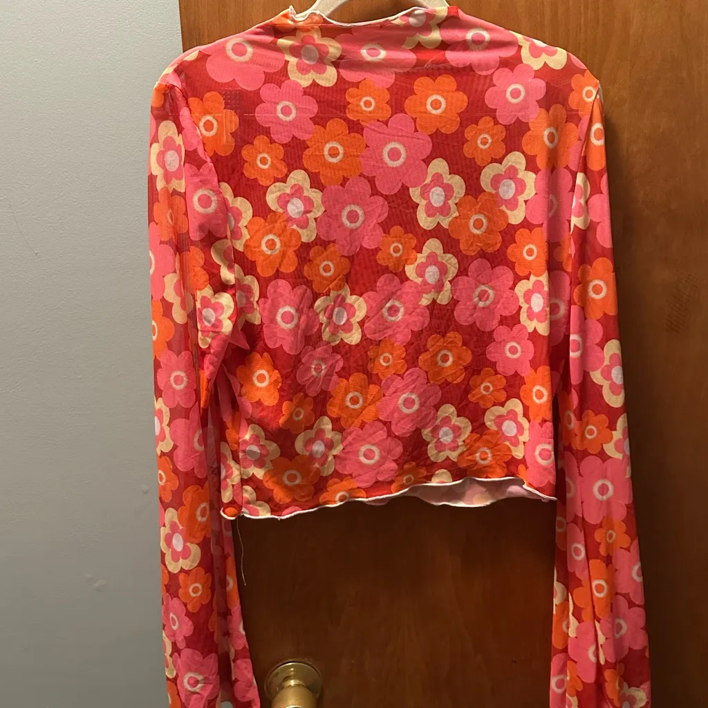 Floral Sheer Long Sleeve Top Pink Size L - Image 2