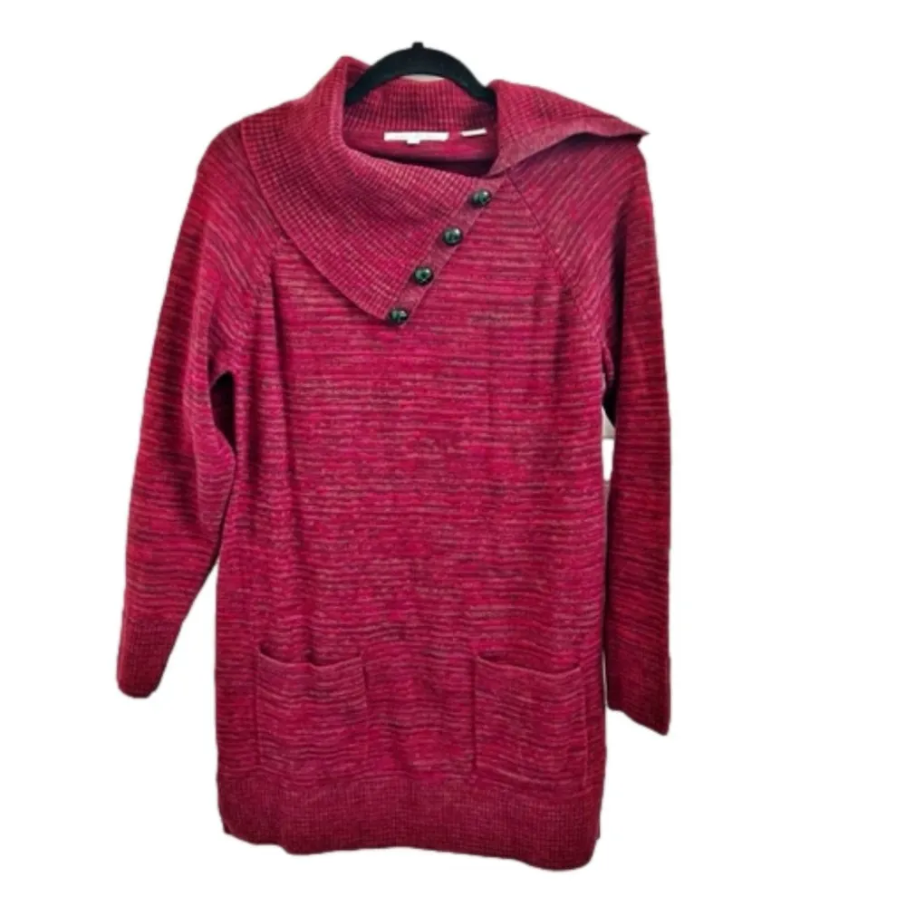 Eight eight eight Marled Cranberry Button Cowl Neck Long Sleeve Sweater Dress - Image 3