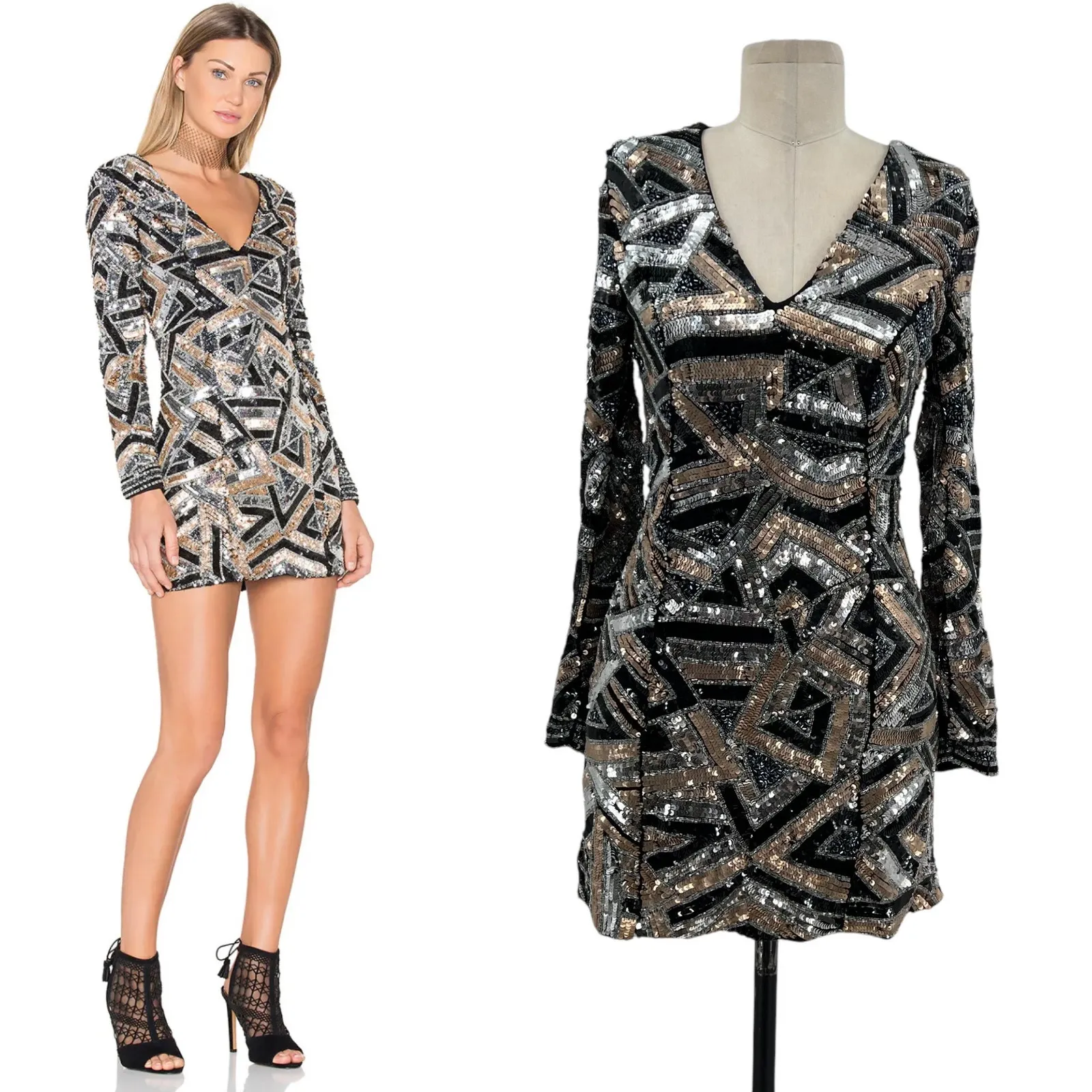 X by NBD Gloria Dress Sequin Mini Bodycon Long‎ Sleeve Silver Black Size 0 - Image 2