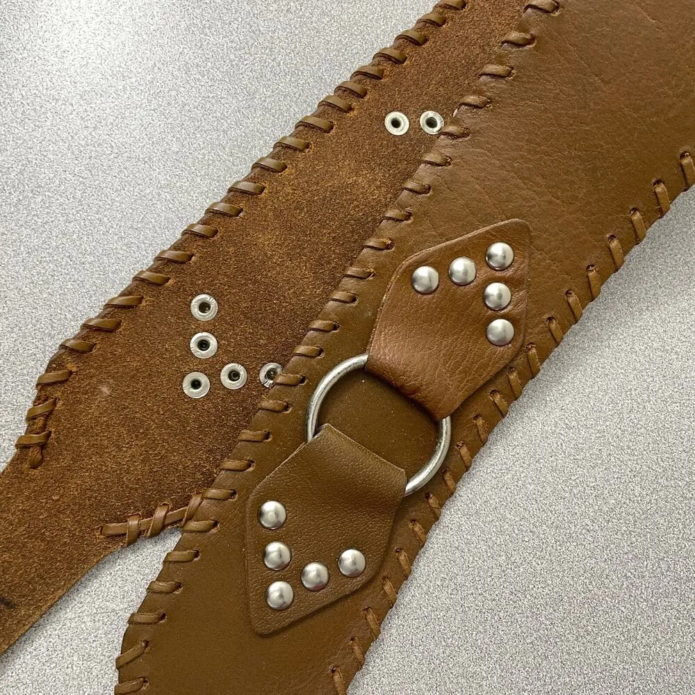 Vtg Calvin Klein Brown Leather Equestrian Belt Silver Metal O Rings Wide Stud XL - Image 6