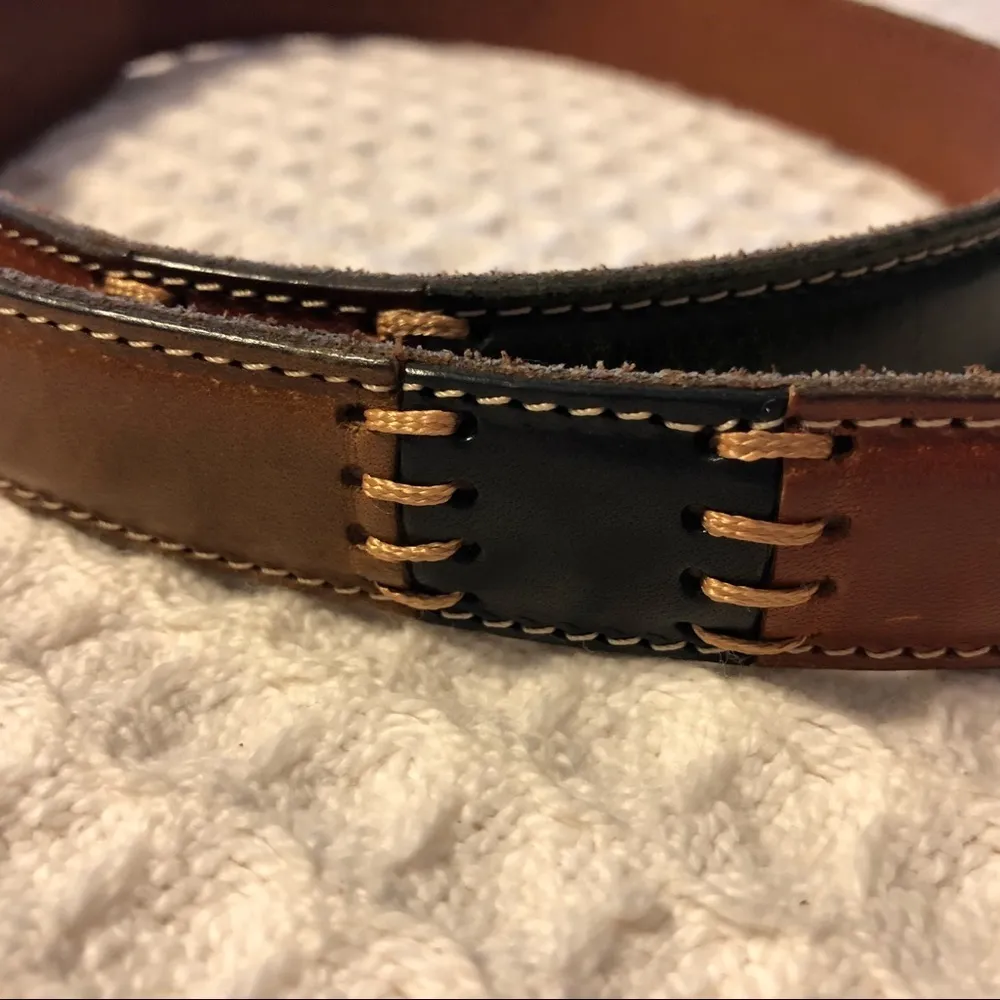 Fossil Leather Brown Black Colorblock 1” Belt Gold Buckle M Southwest - Image 2