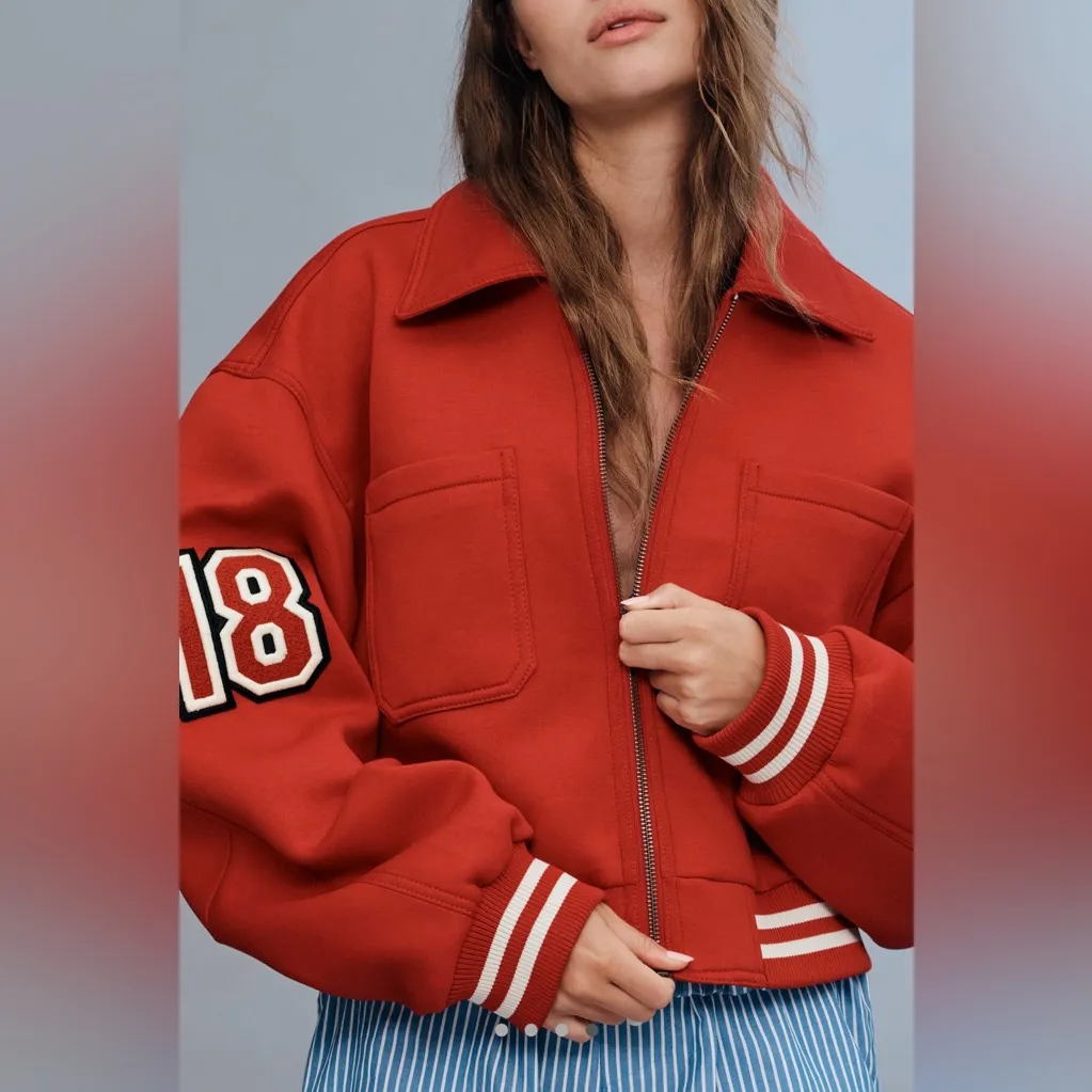 Anthropologie Maeve Red Knit Varsity Bomber Jacket Collegiate Style NWT Xlarge - Image 3