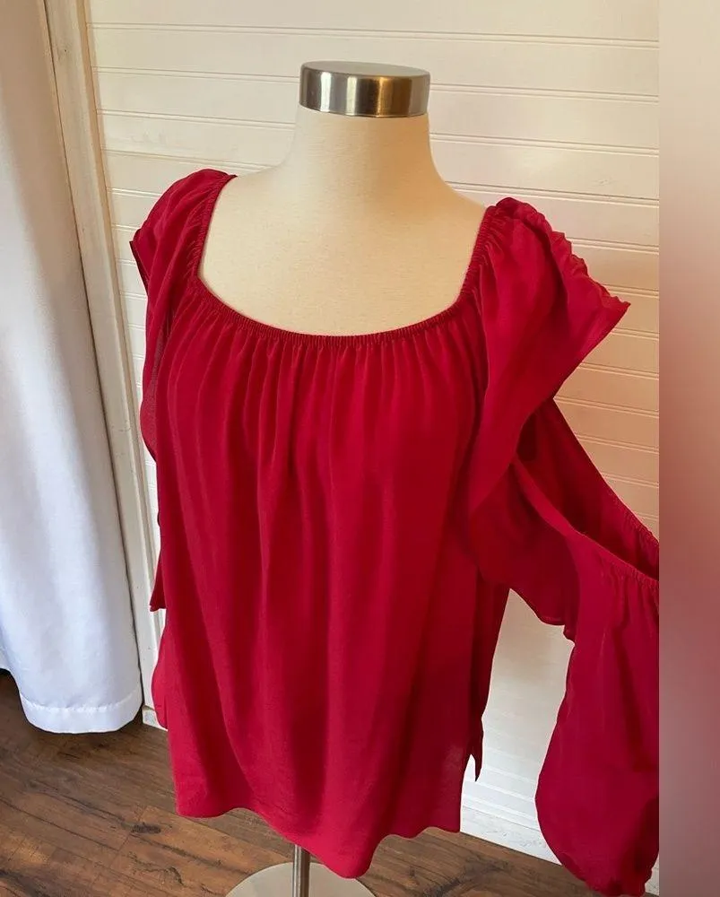 Mika Mindel 100% Silk Lynn Red Cold Shoulder Ruffle Blouse Size L - Image 2