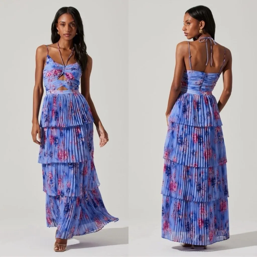 ASTR THE LABEL Daytona Pleated Floral Maxi‎ Dress PERIWINKLE Pink Sz L Revolve - Image 2