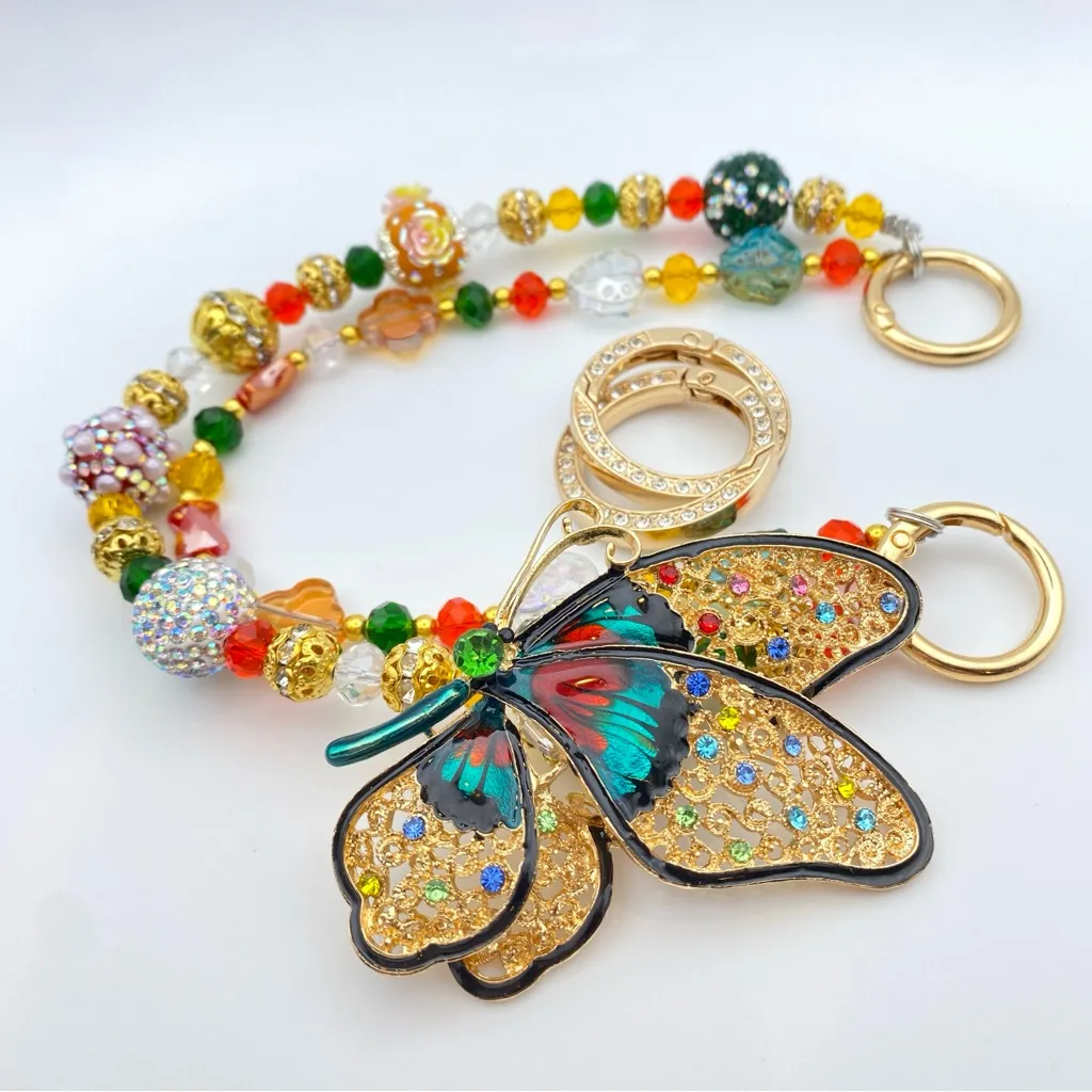 🧡Luxury Bag/Phone Chain Charm/Keychain Colorful Filigree Butterfly Orange Beads - Image 7