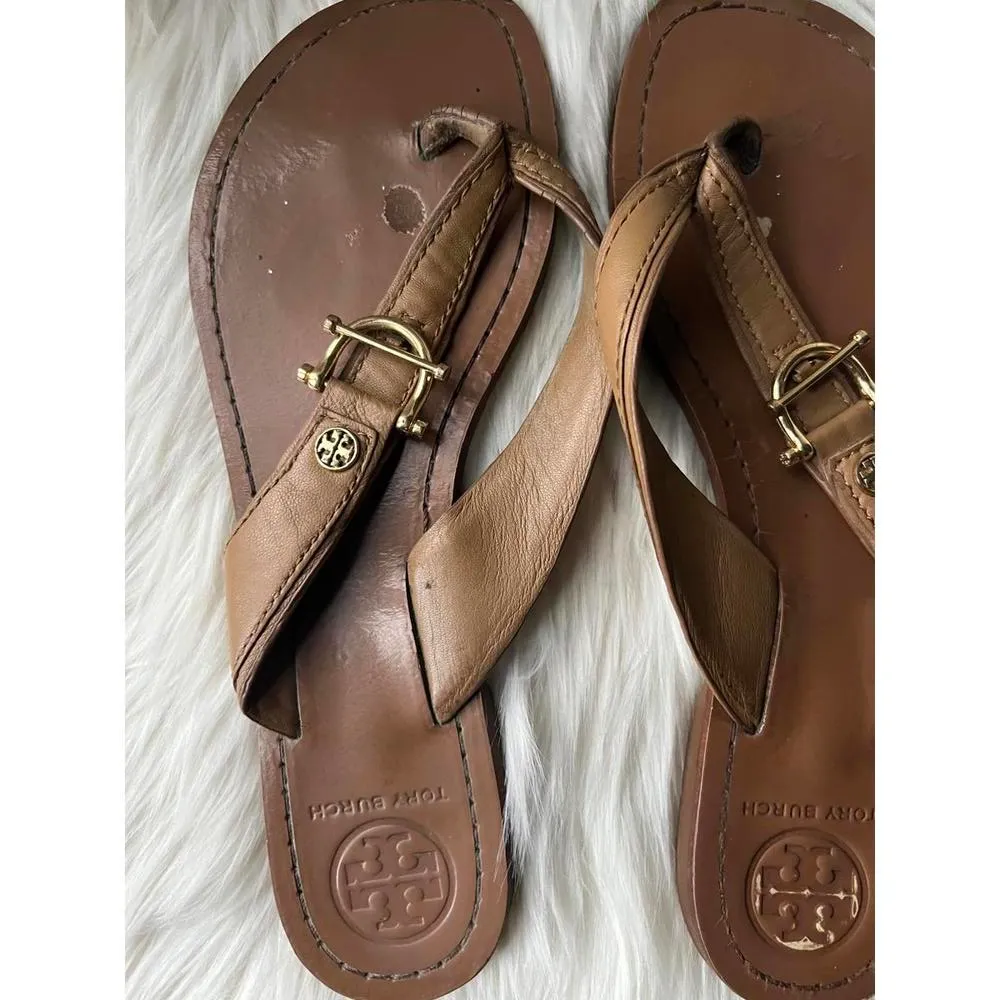 Tory Burch Tan Leather Flip Flops with Buckle size 8 - Image 2