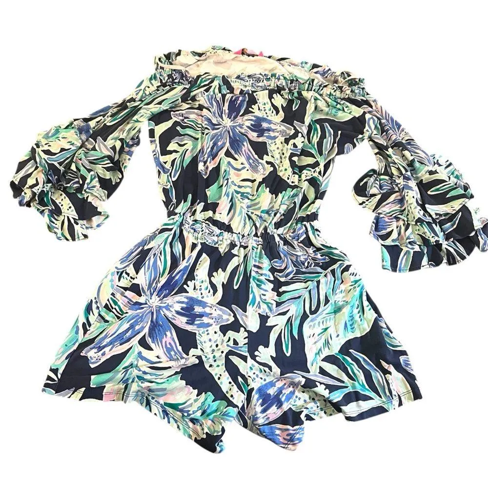 Lilly Pulitzer Calla Off Shoulder Romper High Tide Navy Ready Set Gecko - Image 2