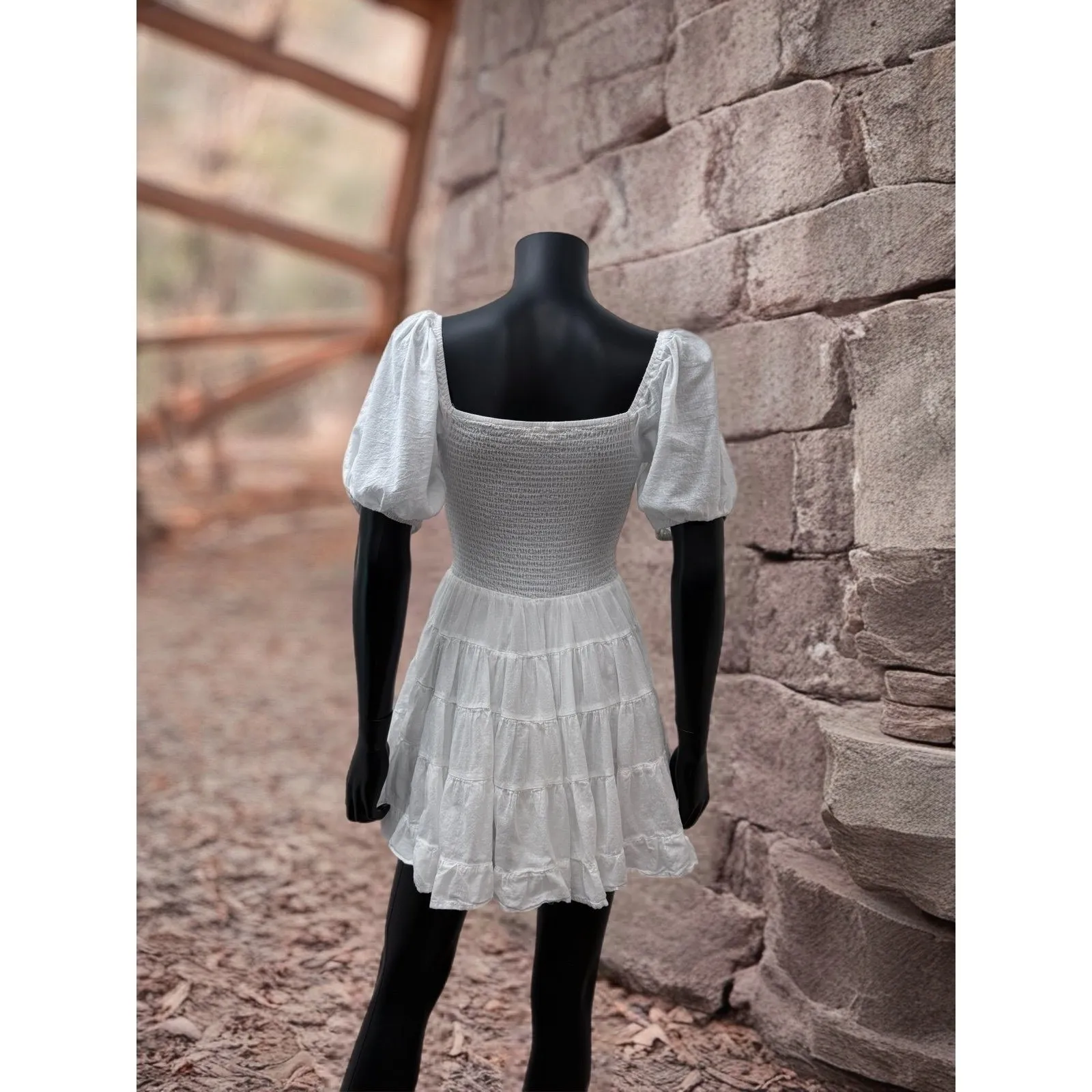 Altar'd‎ State White Smocked Puff Sleeve Tiered Mini Dress Women's S Cotton - Image 2