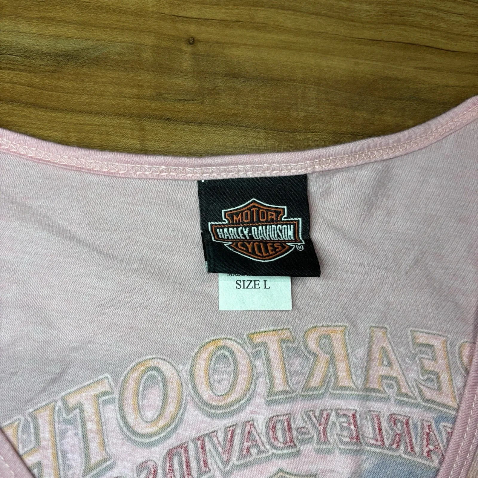 Harley Davidson Women's Large Red Lodge MT Jailhouse Ink‎ Tattoo Sweet Luck Tee Pink - Image 5