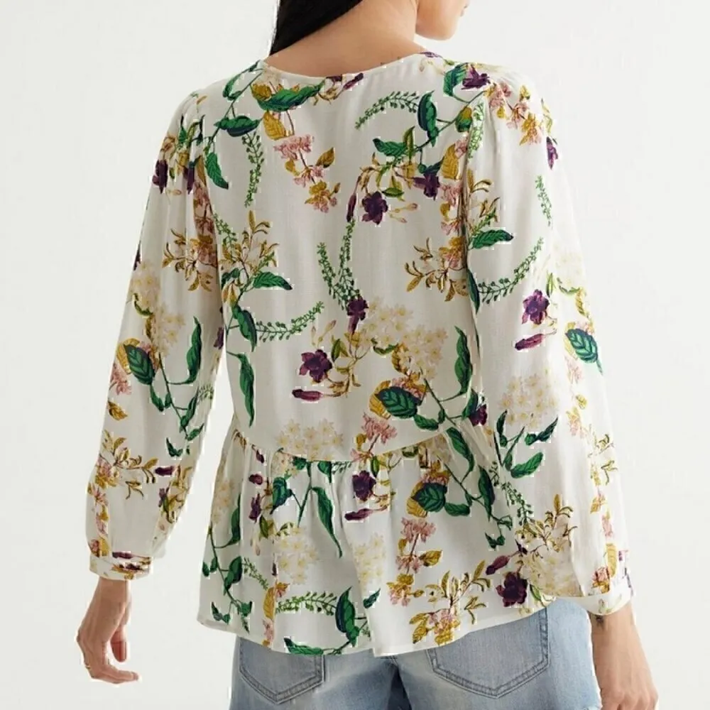 LUCKY BRAND Malia Peasant Top White Green Floral V-Neck Cutout Tie Long Sleeve - Image 3