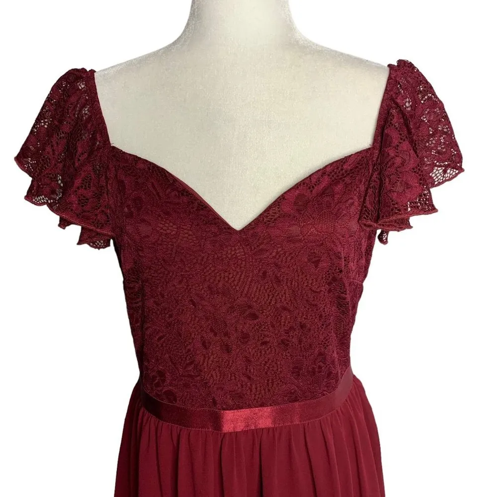 MissMay Retro Lace Chiffon Swing Dress L Wine Red Flutter Sleeve Lined Zip NEW Size L - Image 3