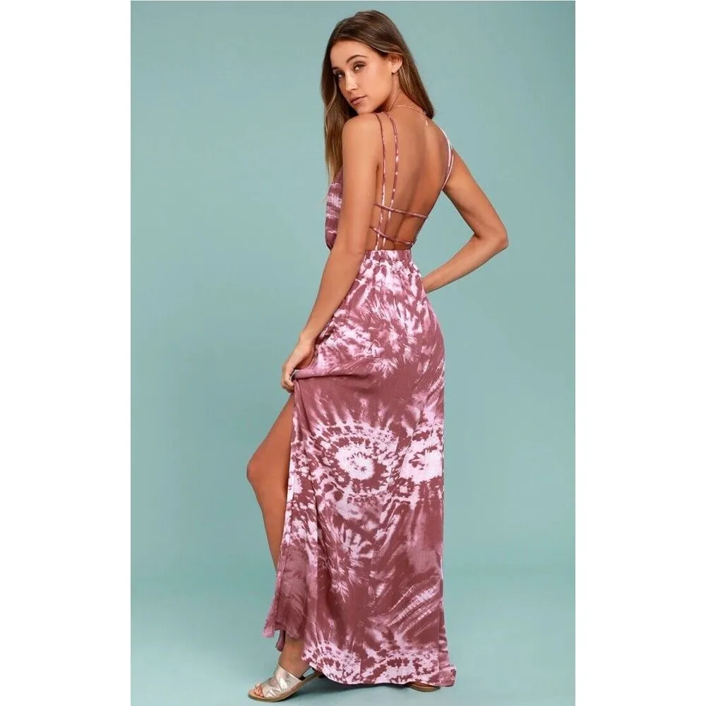Lulus Live In Harmony Tie-Dye Maxi Dress Sz S Mauve Pink Leg‎ Slit Open Back - Image 2