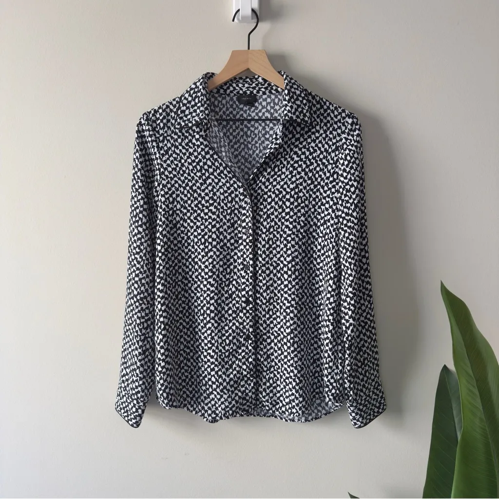 Theory Long Sleeve Button Down Stylish Black and White Top Petterned Collared M - Image 13