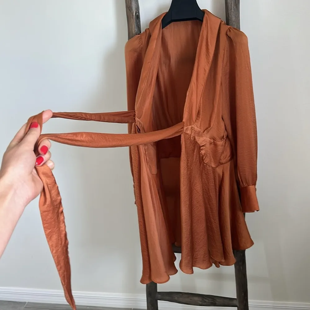 Johnny Becca Rust Orange Camel Satin Wrap Dress - Image 5