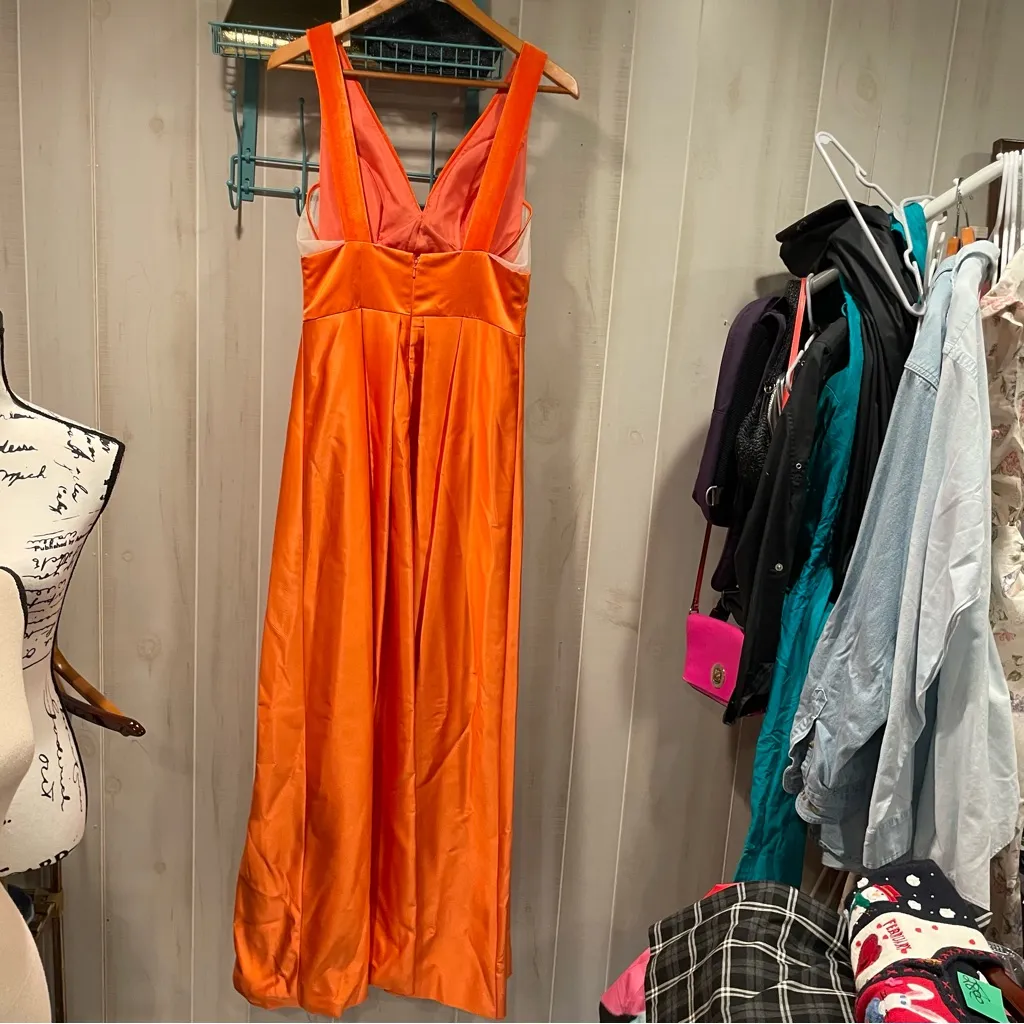 Stunning tangerine dream velvet deep v satin maxi dress mesh side panel ballgown - Image 7