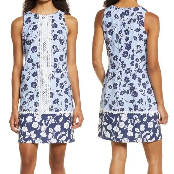 NWT Eliza J Mini Dress Size 4 Lace Trim Floral Blue & White Coastal Shift NEW - Image 2