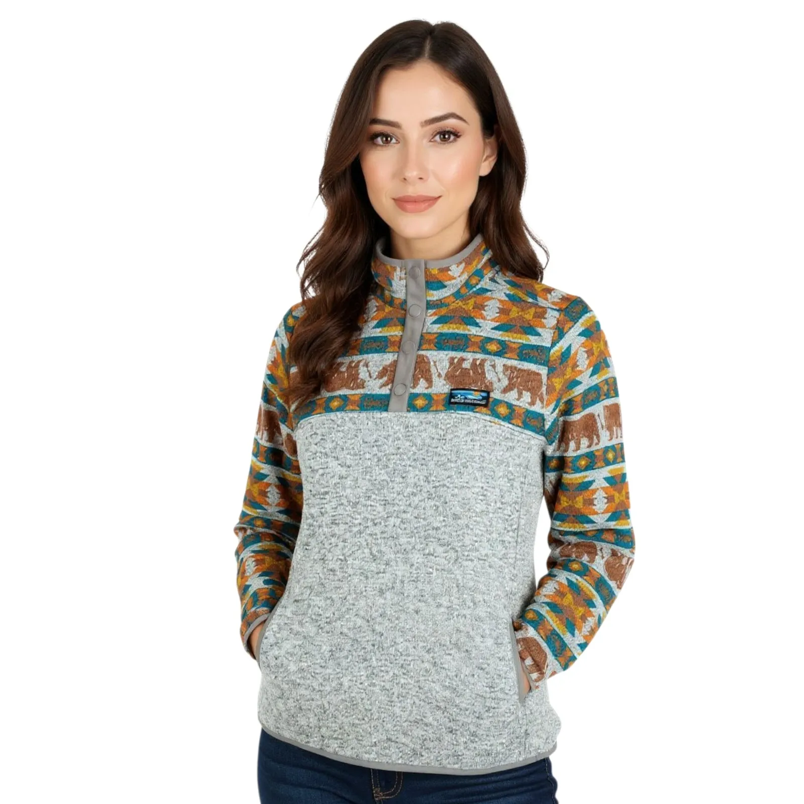 Simply Southern Pullover Womens M Gray Aztec Bear Fleece Snap Neck Cozy Outdoors - Image 4