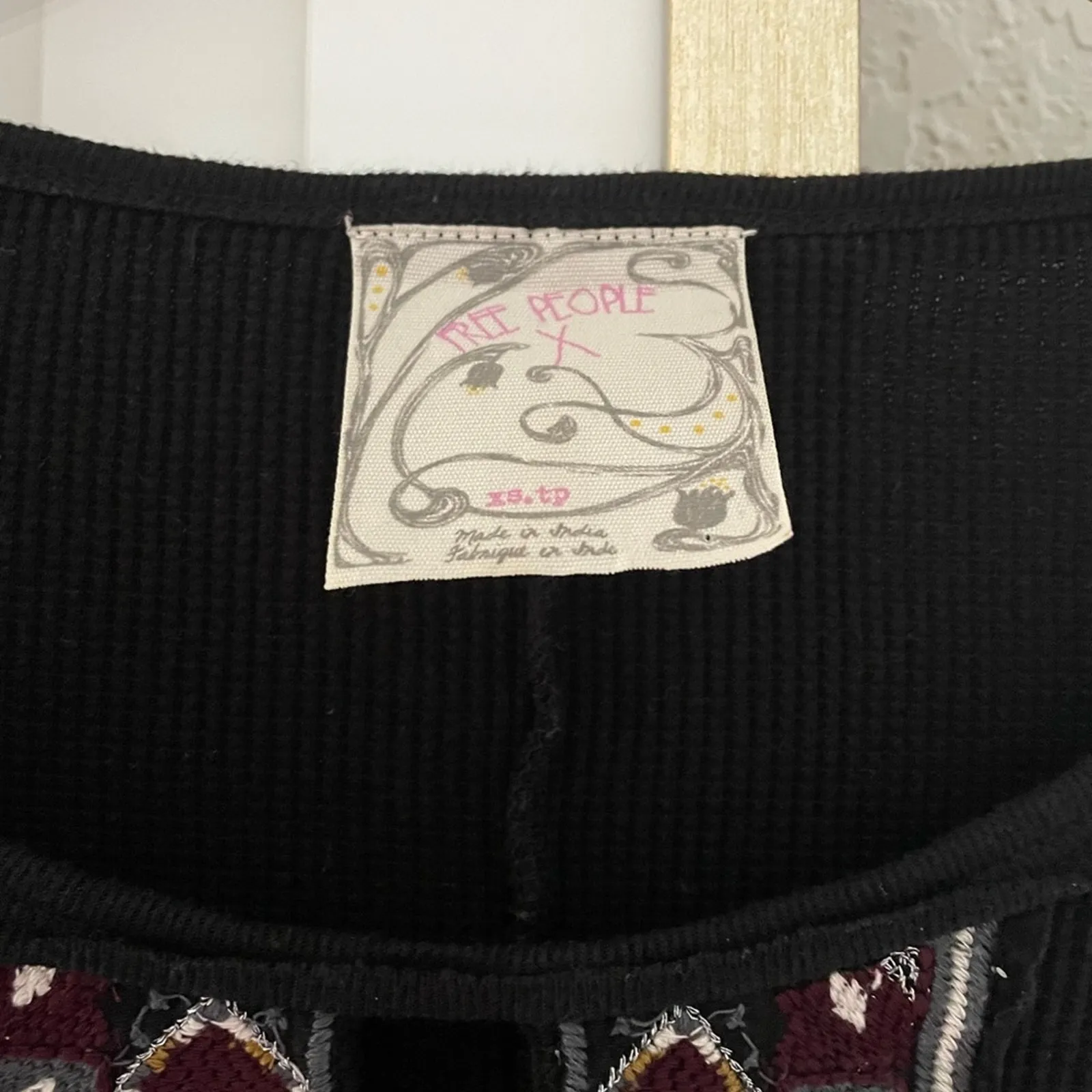 Free People x Marion Black Embroidered Waffle Thermal Top Long Sleeve Boho Flare - Image 5