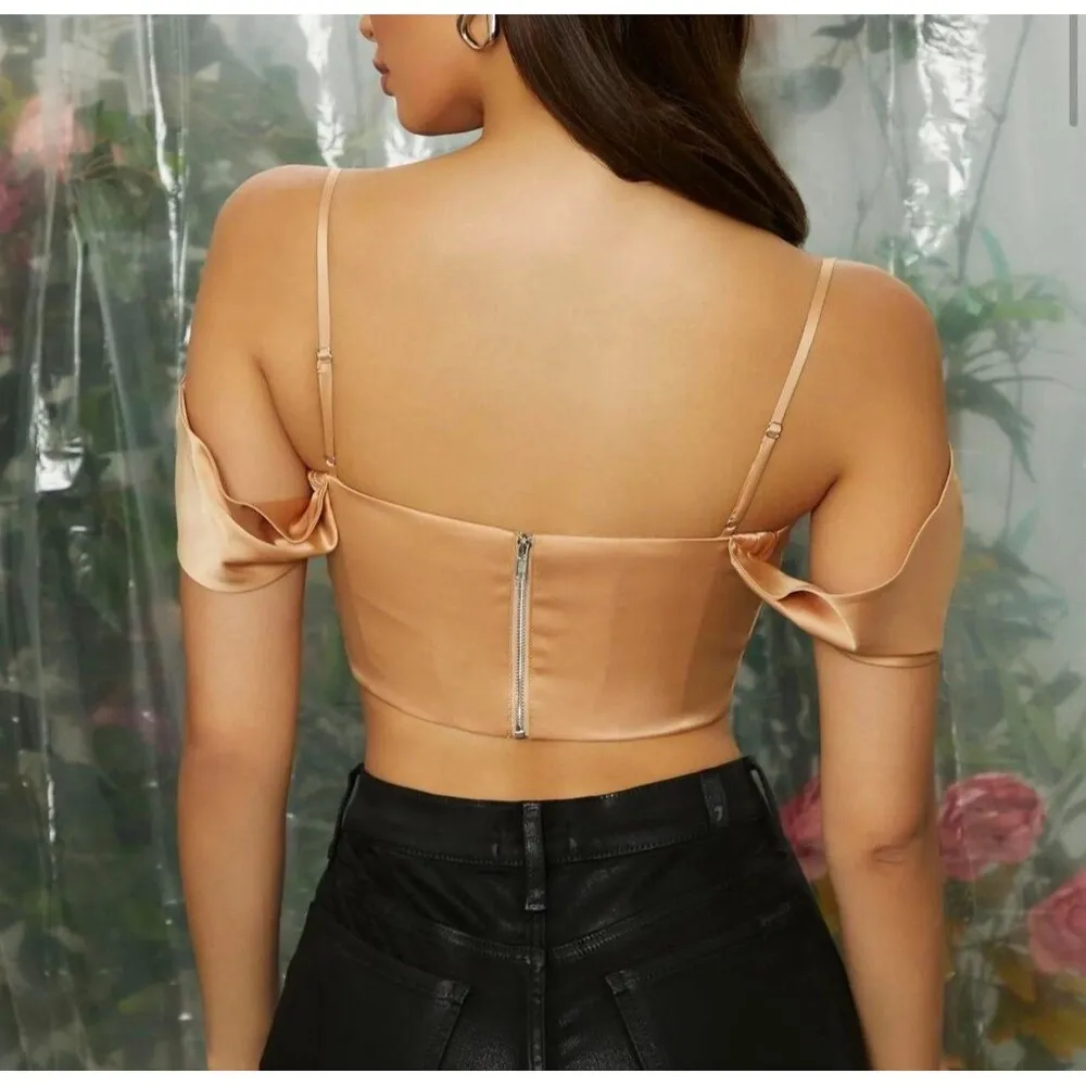 NWT oh Polly breathless Off The Shoulder Cowl Neck Corset Crop Top In Beige - Image 4